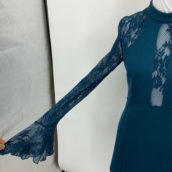 Free People It's Now or Never Mini Dress Women Size S Teal Bell Sleeves Fish Net - Picture 6 of 13